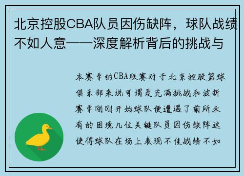 北京控股CBA队员因伤缺阵，球队战绩不如人意——深度解析背后的挑战与机遇