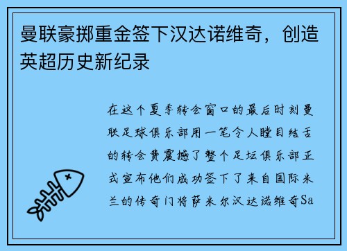 曼联豪掷重金签下汉达诺维奇，创造英超历史新纪录